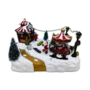 Villa navideña con carrusel y luces a batería